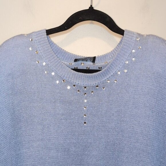 Vintage 80s Jewel Neck Sweater Knit Pullover Soft Blue Embellished Tunic - Picture 3 of 16
